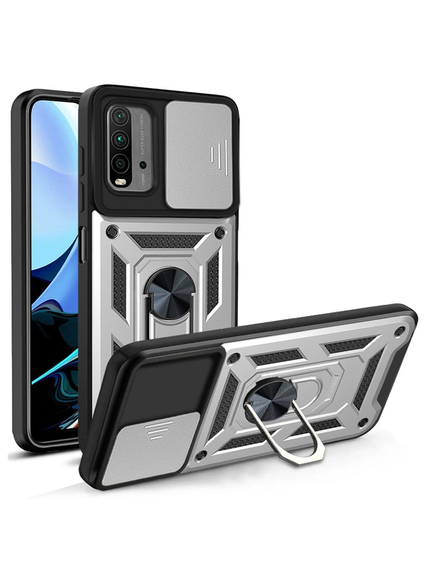 Серебряный чехол противоударный armors для Xiaomi Redmi 9T / Редми 9Т с защитой камеры