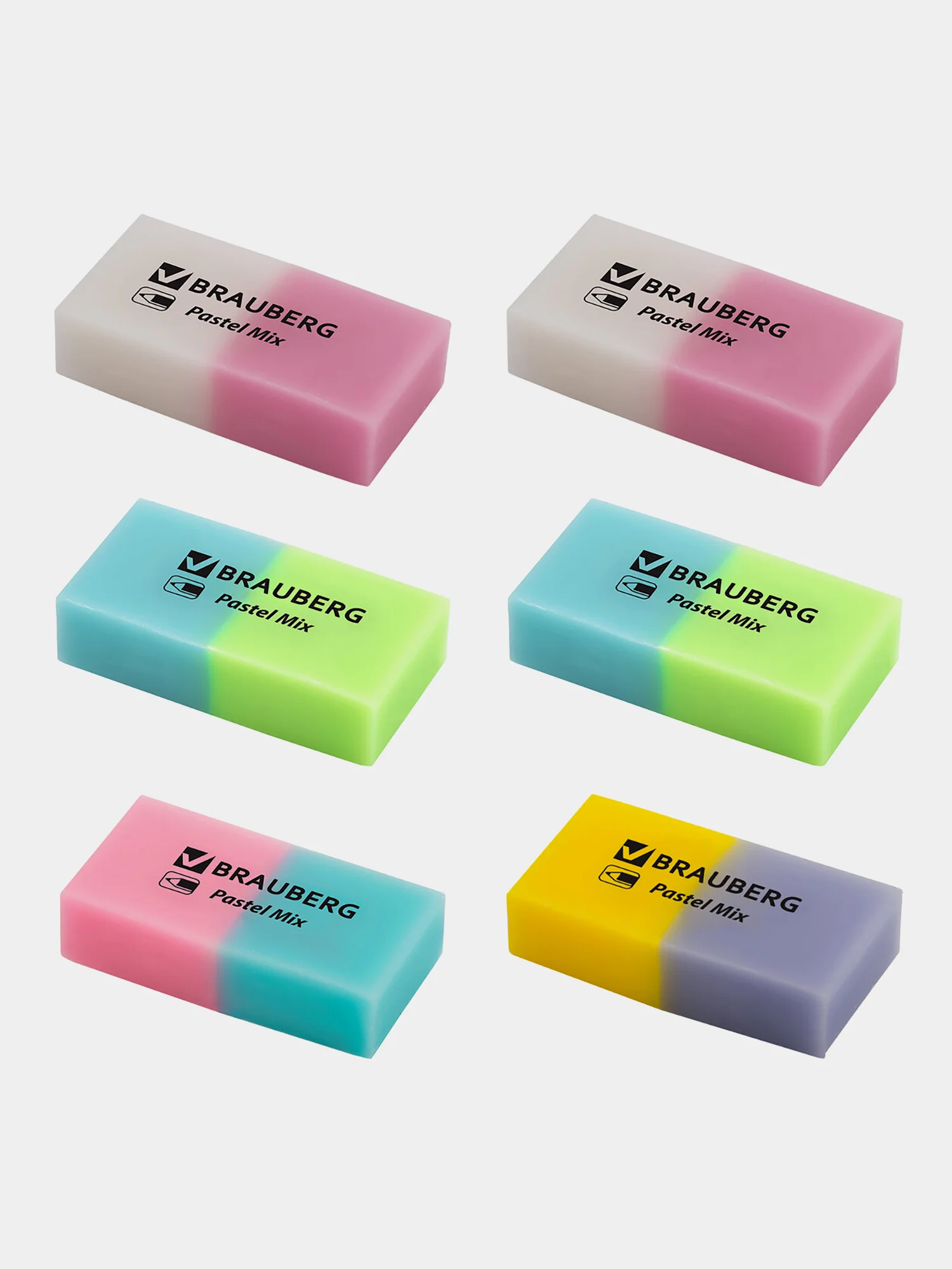 Ластик для карандаша Brauberg Pastel Mix, 6 шт., цвета ассорти, 44х21х10 мм