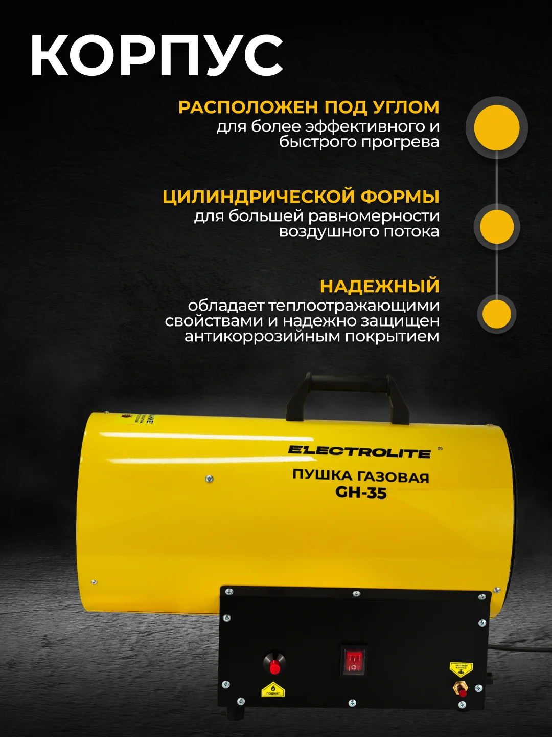Тепловая газовая пушка ELECTROLITE GH-35 (35 кВт ,900 м3, ПРОПАН/БУТАН, обогрев до 350 м2)