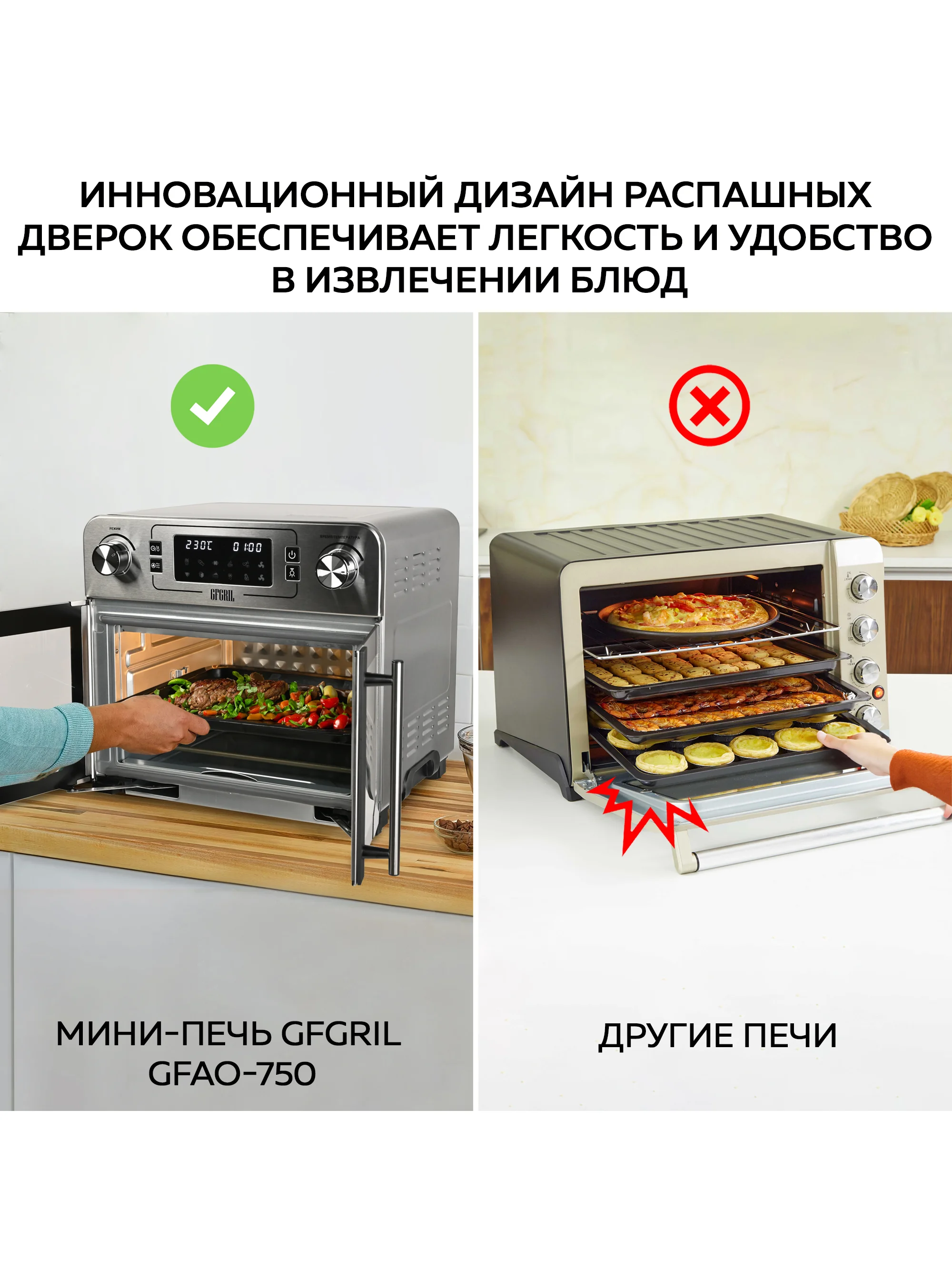 Многофункциональная мини-печь с функцией аэрогриля GFGRIL GFAO-750, шашлычница