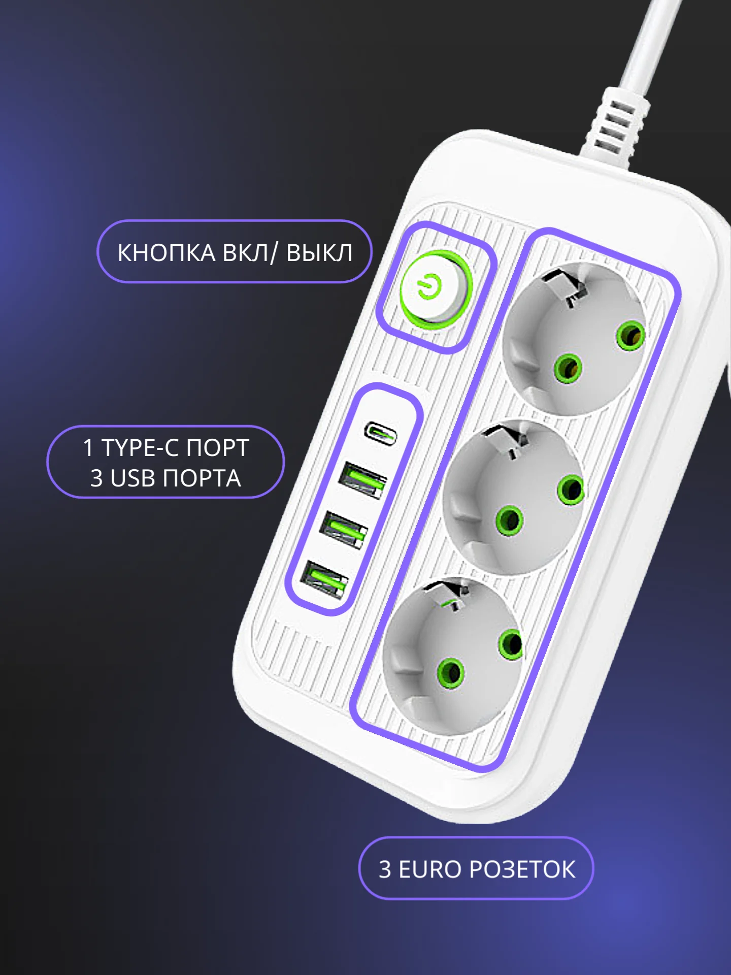 Белый сетевой фильтр- удлинитель с 3 розетками, 3 USB портами и 1 Type-C