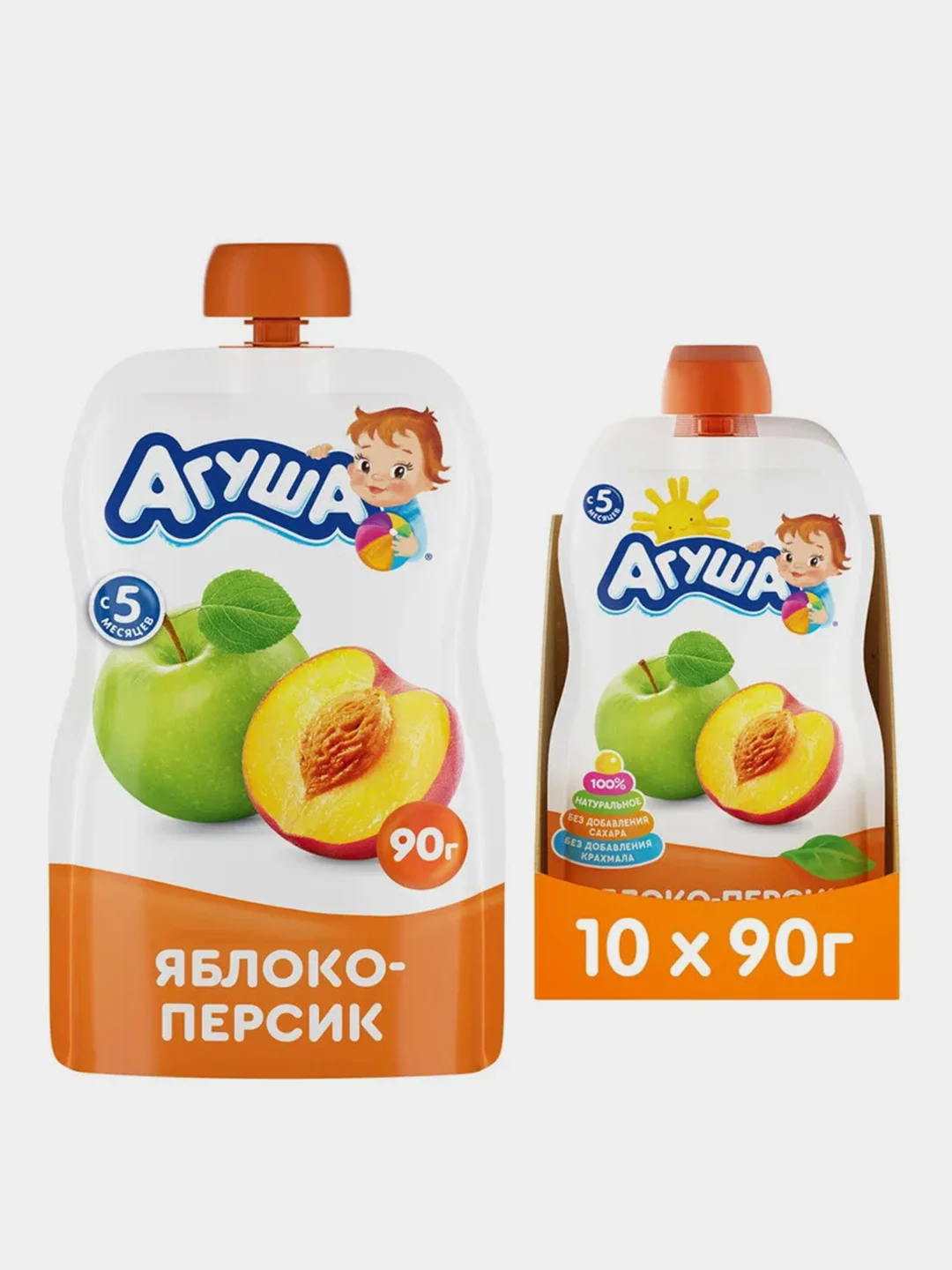 Пюре фруктовое Агуша, яблоко-персик, с 5 месяцев, 10 штук по 90 г