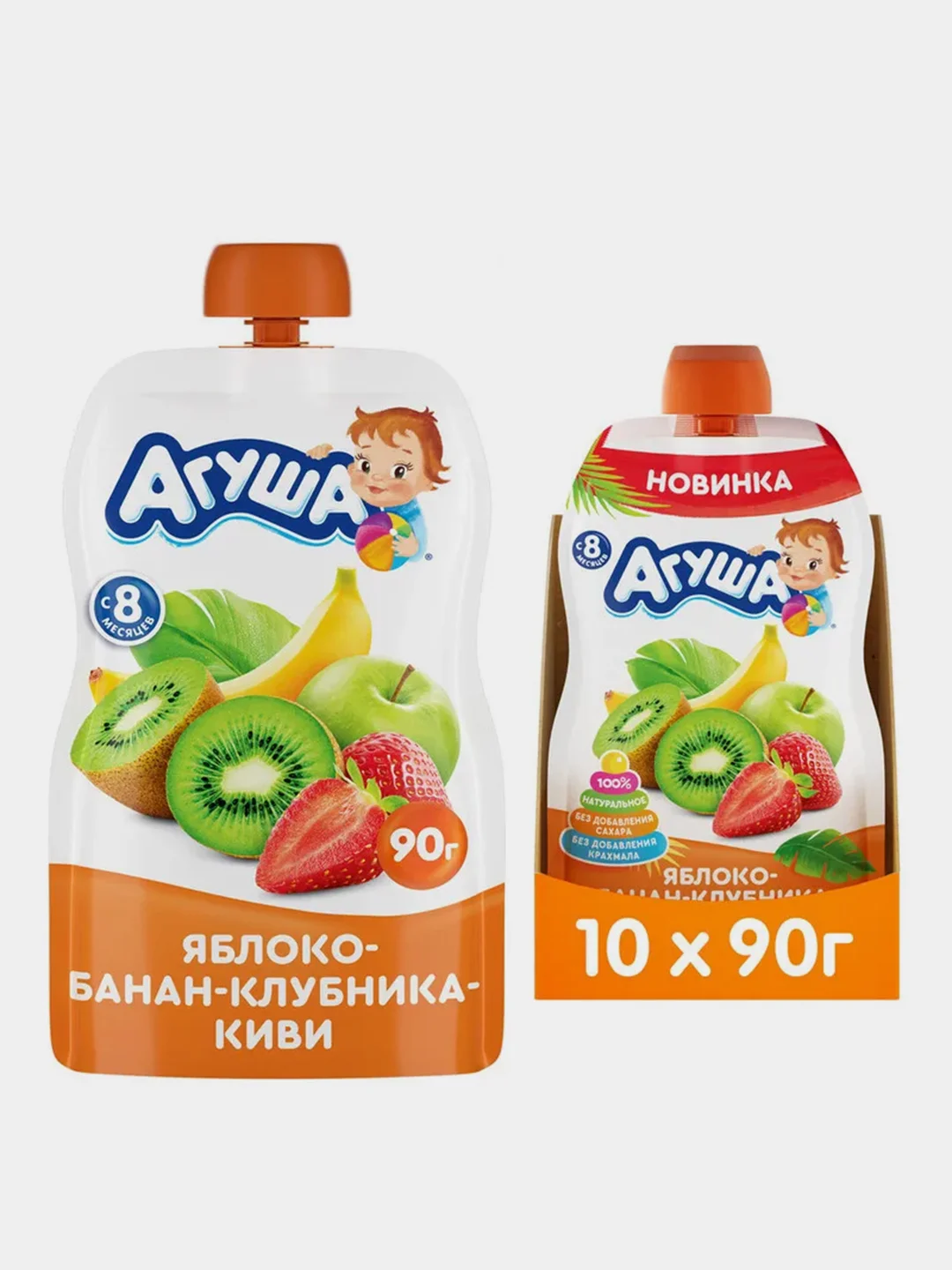 Пюре фруктовое Агуша, яблоко банан клубника киви, с 8 месяцев, 10 штук по 90 грам