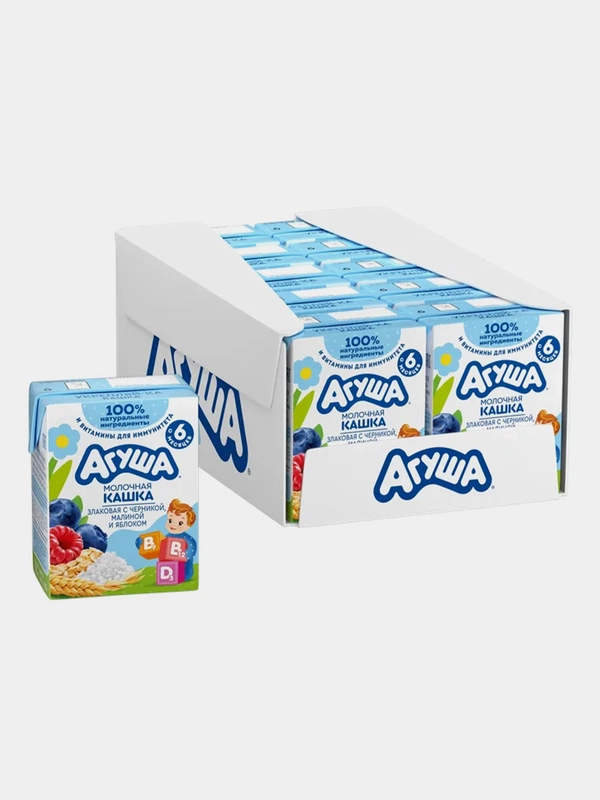 Каша жидкая Агуша "Укрепляй-ка", молочная, злаки, черника-малина-яблоко, 10 штук по 200 мл