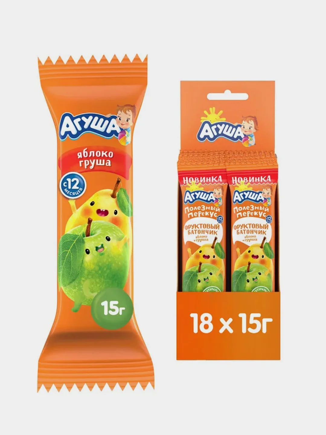 Батончик фруктовый Агуша, Яблоко Груша, 18 штук по 15 г