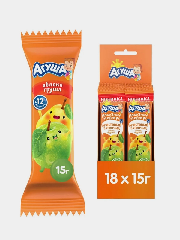 Батончик фруктовый Агуша, Яблоко Груша, 18 штук по 15 г