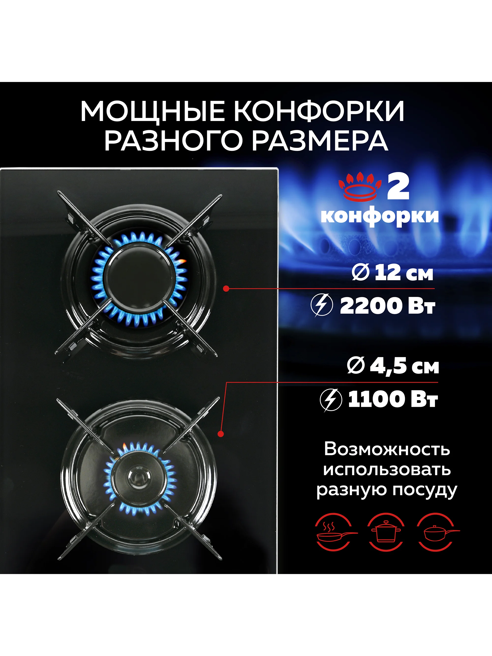 Варочная панель газовая встраиваемая GFGRIL GF-HBG102B,  30 см, FFD, автоподжиг, стекло