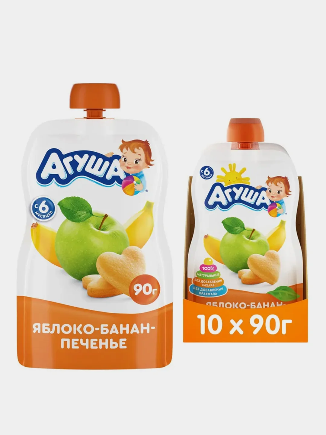 Пюре фруктовое Агуша Яблоко-банан-печенье, с 6 месяцев, 10 штук по 90 г