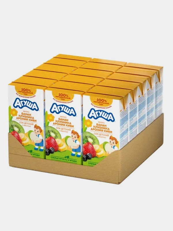 Сок Агуша Яблоко-банан-клубника-арония-киви, с мякотью, с 3 лет, 12 штук по 500 мл