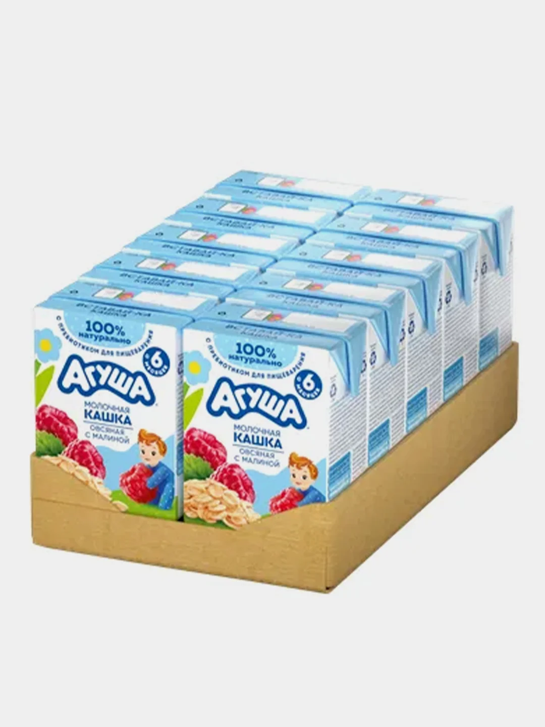 Каша жидкая Агуша Вставай-ка, молочно-овсяная, с малиной, 2.5%, 10 штук по 200 мл
