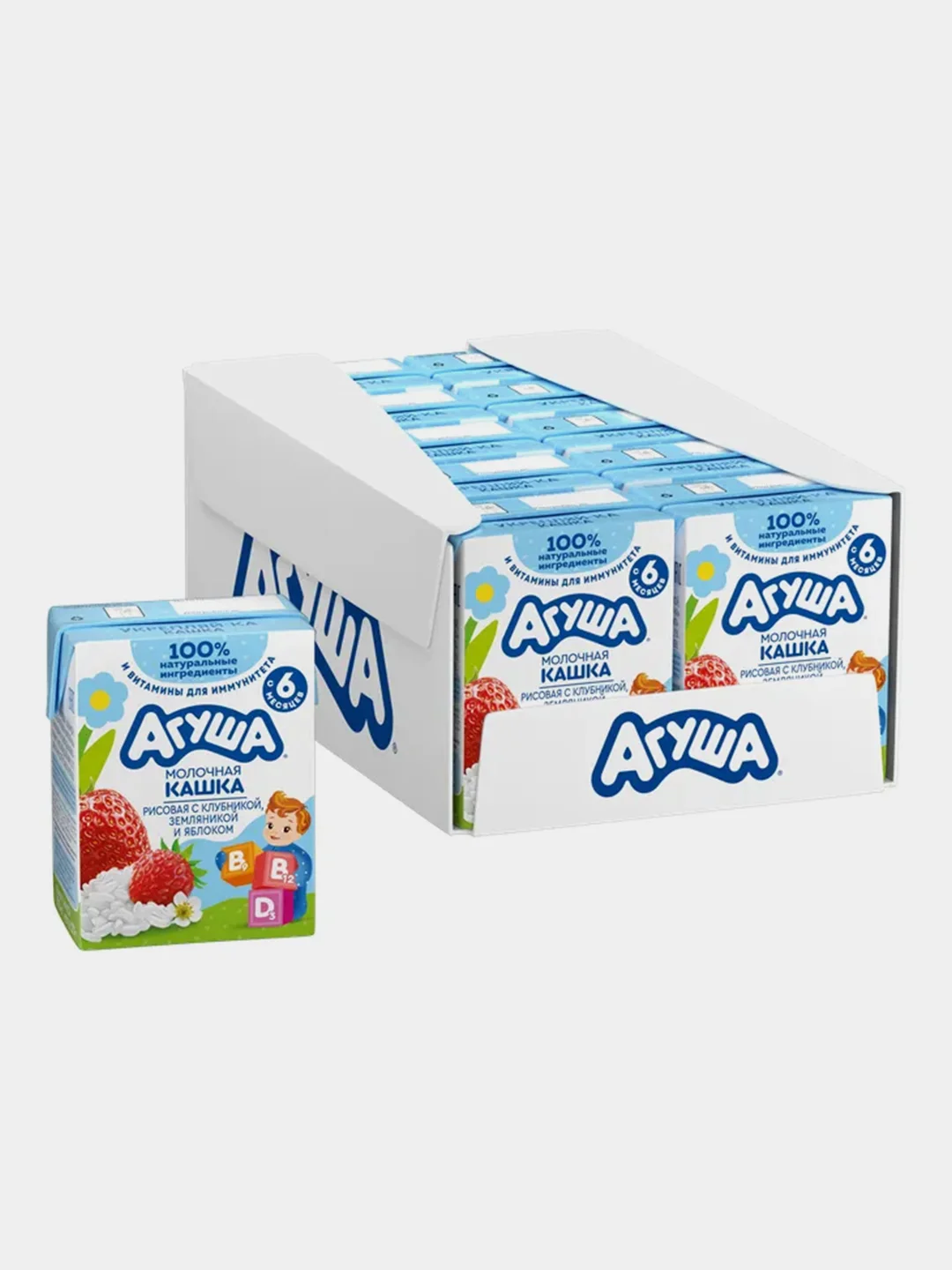 Каша молочная Агуша Укрепляйка, рисовая с клубникой, земляникой, яблоком, 10 штук по 0,2 л