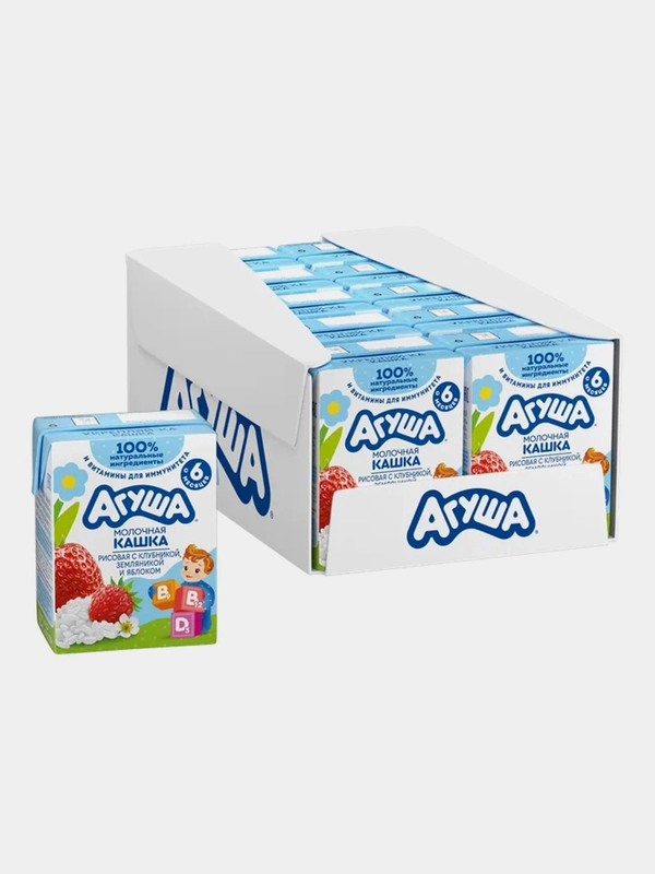 Каша молочная Агуша Укрепляйка, рисовая с клубникой, земляникой, яблоком, 10 штук по 0,2 л