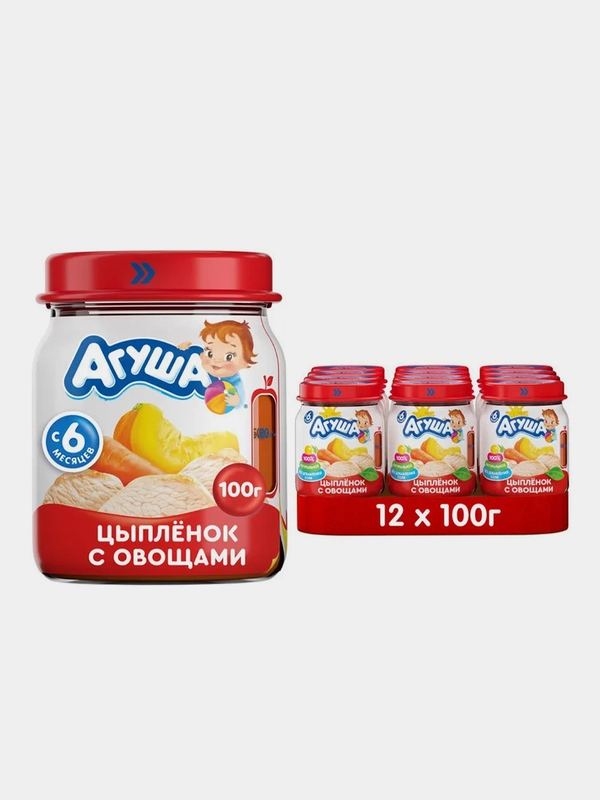 Пюре детское мясное Агуша, с цыпленком и овощами, с 6 месяцев, 12 штук по 12 штук