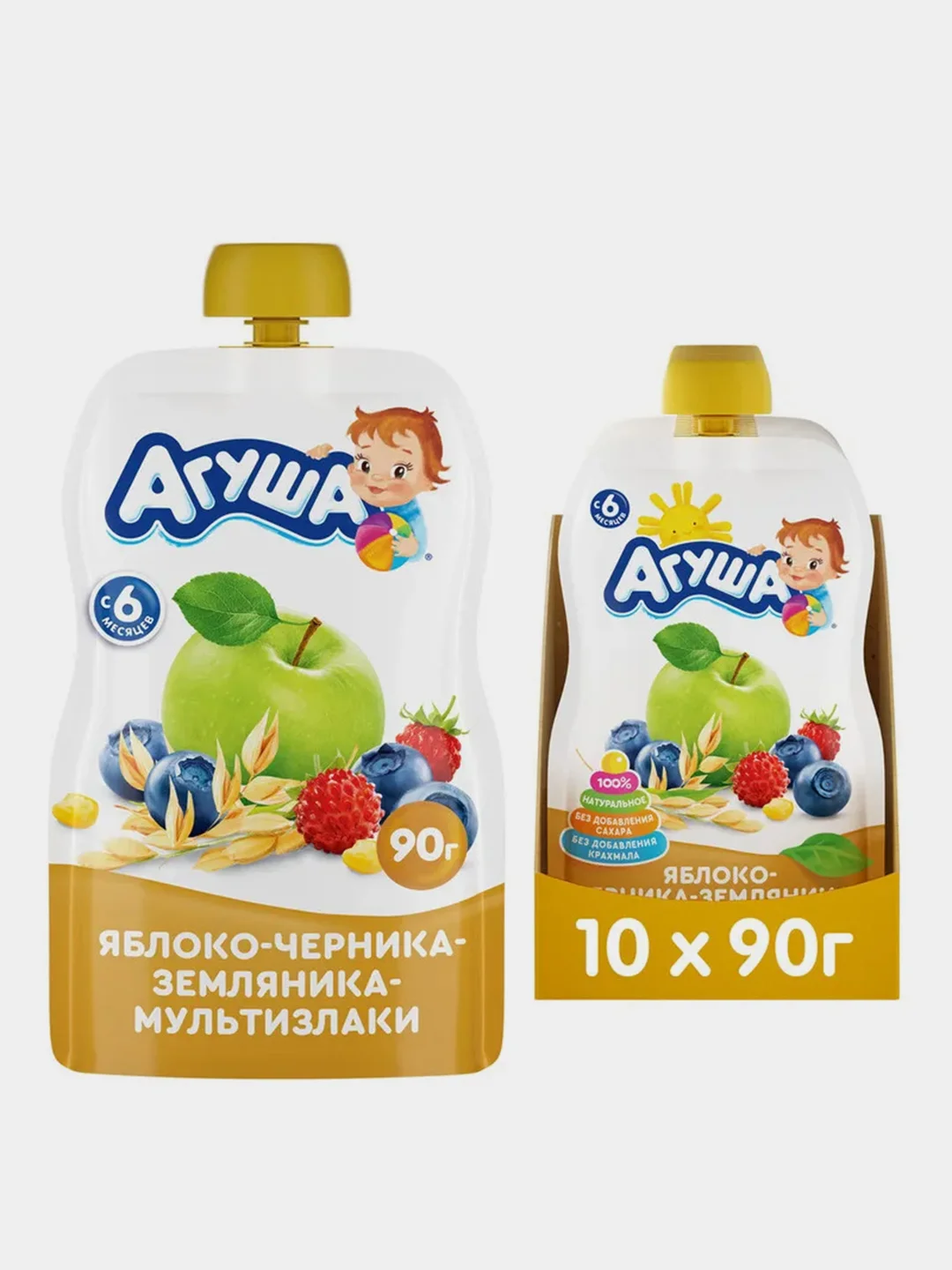 Пюре Агуша Яблоко-черника-земляника-мультизлаки, с 6 месяцев, 10 штук по 90 г
