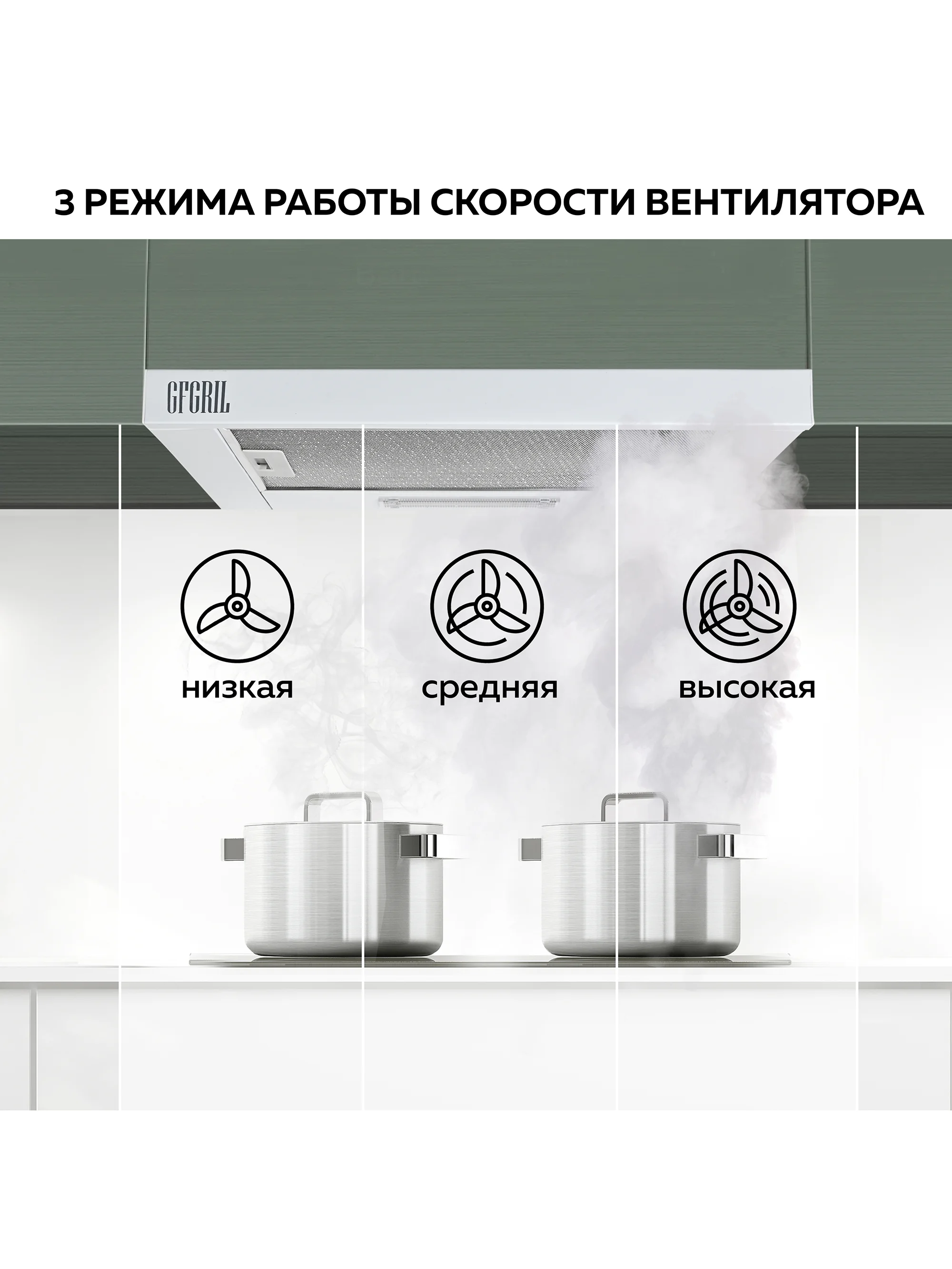 Вытяжка кухонная встраиваемая GFGRIL GF-HD100TW, 60 см, 450 м3/h, 140 Вт, 3 скорости,белый