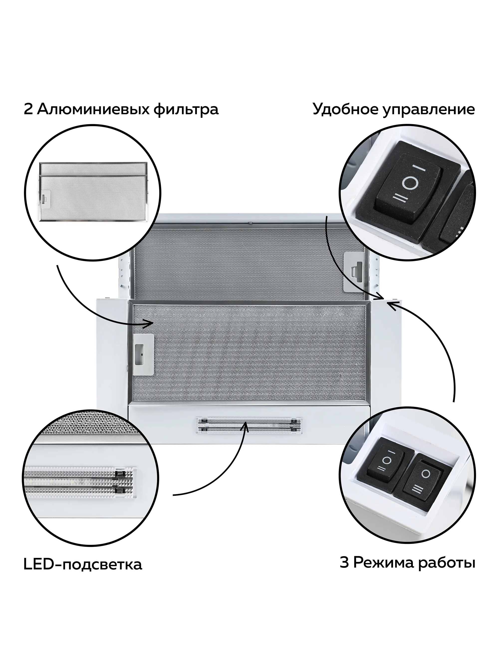 Вытяжка кухонная встраиваемая GFGRIL GF-HD100TW, 60 см, 450 м3/h, 140 Вт, 3 скорости,белый
