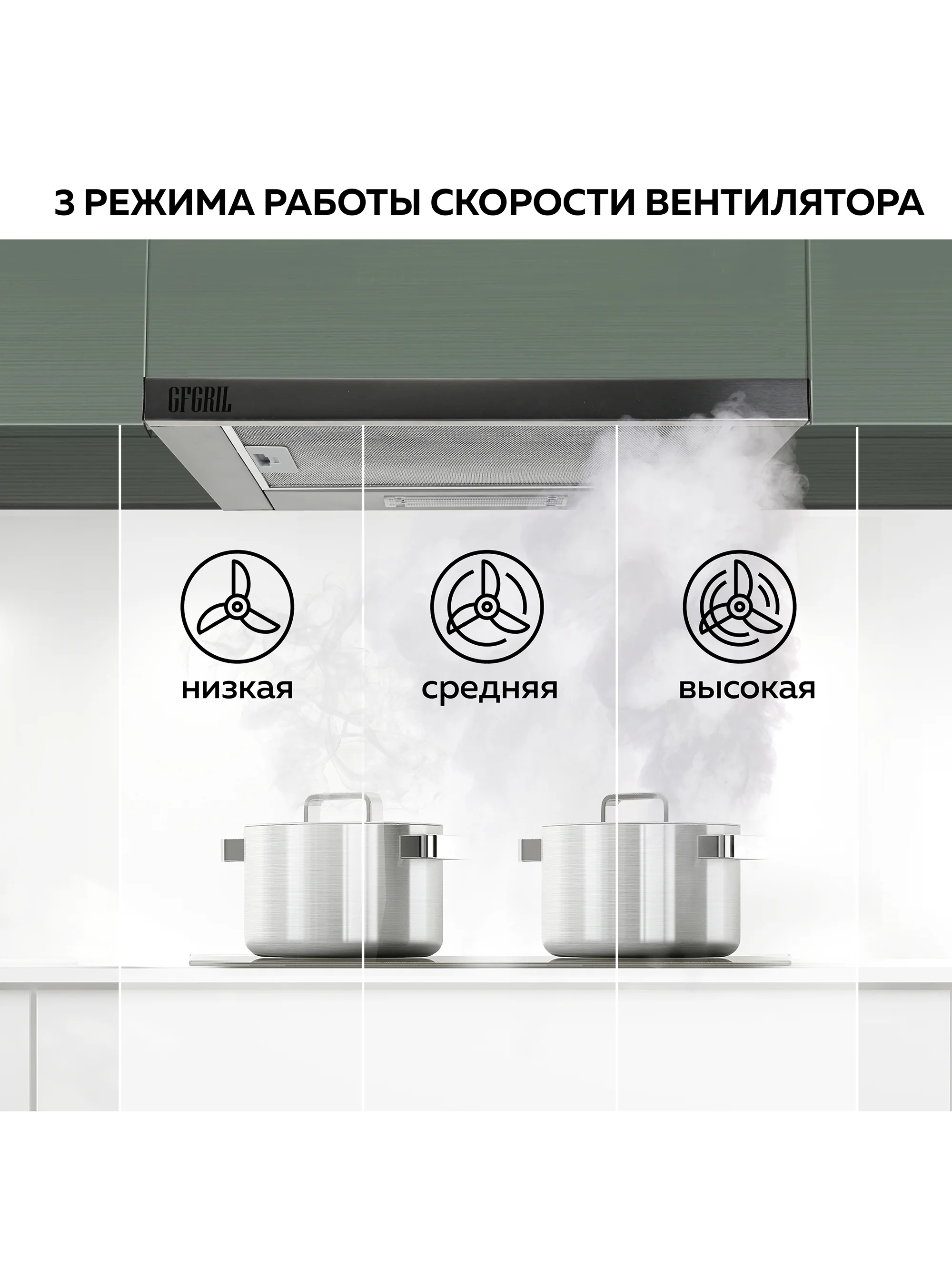Вытяжка кухонная встраиваемая GFGRIL GF-HD100TIN, 60 см, 450 м3/h, 140 Вт, 3 скорости