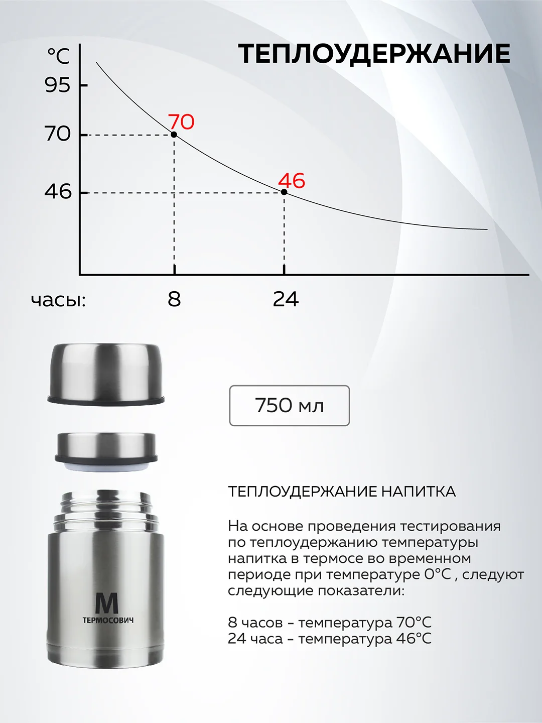 Термос для еды вакуумный с широким горлом 750 мл, с термосумкой, Термосович