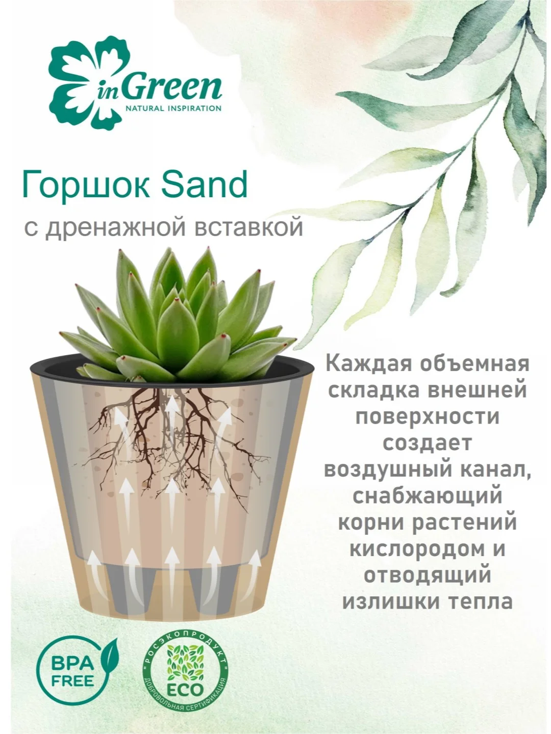 Белый горшок для цветов с дренажной вставкой InGreen коллекция Sand, пластиковый, 2л