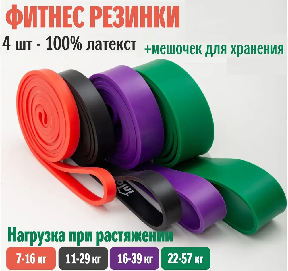 Разноцветный набор фитнес резинок эспандеров различной нагрузки, фитнес резинка, 4 штуки