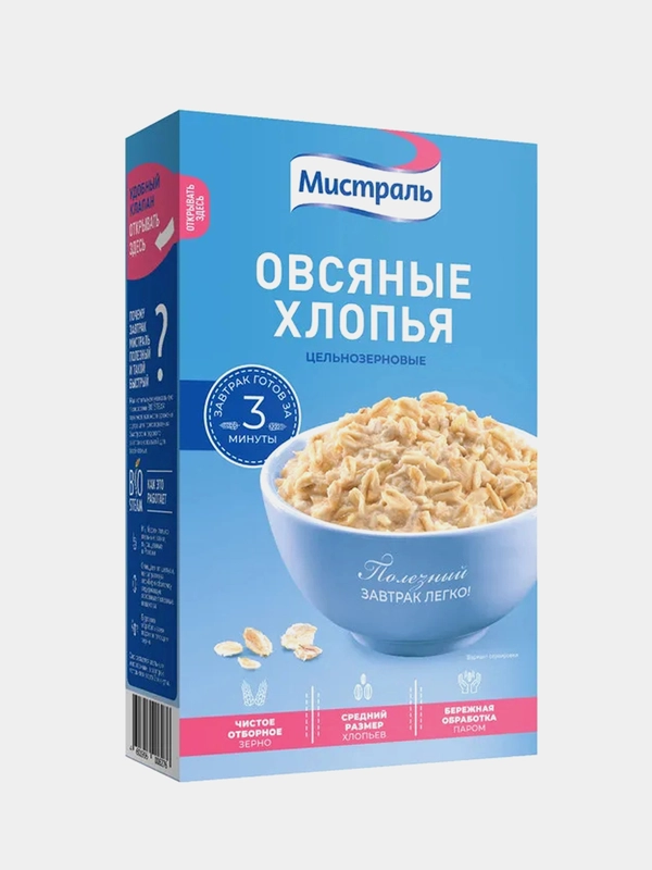 Хлопья МИСТРАЛЬ Овсяные, цельнозерновые, 400 г