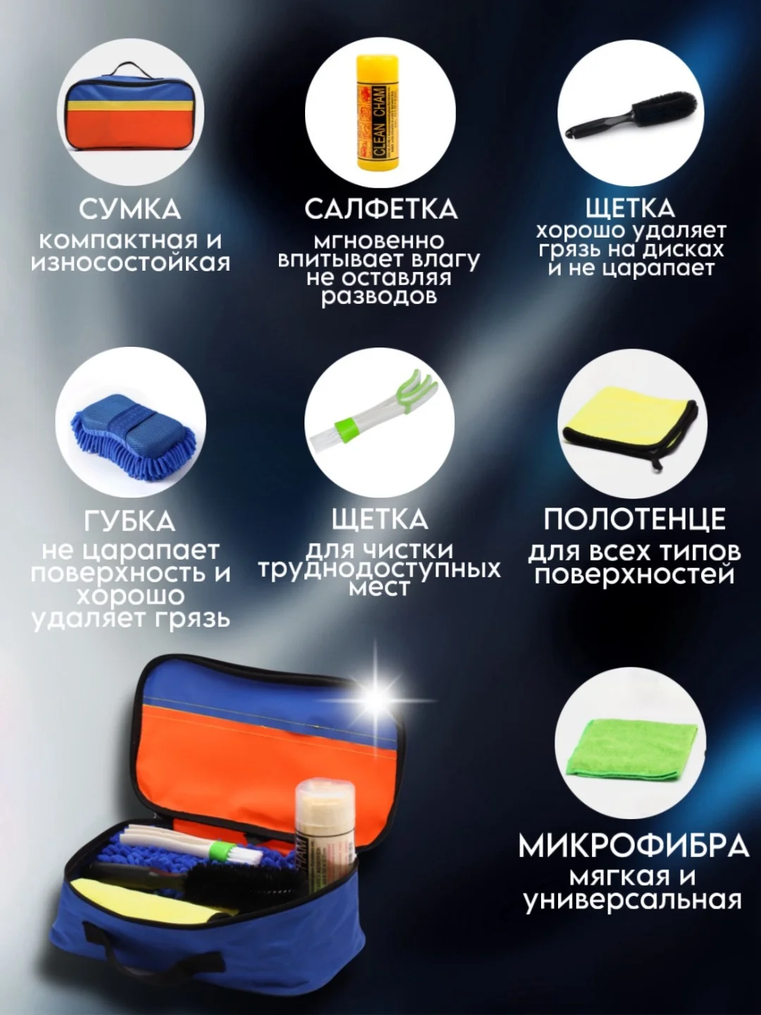 Набор для мойки и ухода за авто 7 в 1: губка, щетки, полотенце, сумка