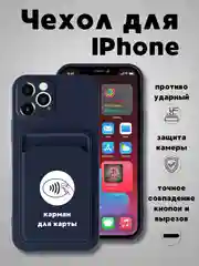 Темно-синий чехол на iPhone (Айфон) 11, 13, 14, 7 8 Plus X XR XS, 12 Mini Pro Max, с карманом для карт