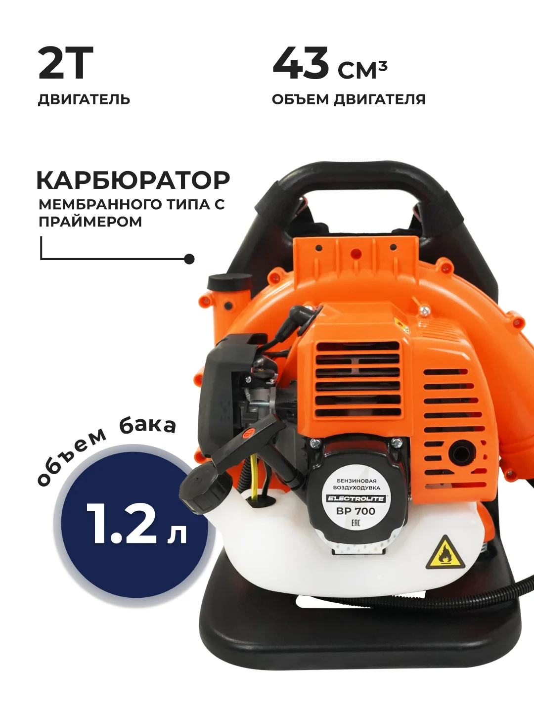Бензиновая воздуходувка Electrolite BP 700 /ветродуйка садовая для уборки листьев, снега