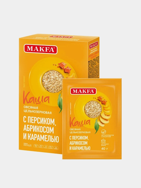 Каша овсяная MAKFA, с персиком, абрикосом и карамелью, быстрого приготовления, 200 г