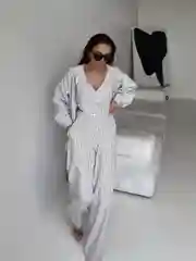 Костюм женский тройка в полоску, летний, брюки, жилетка и рубашка