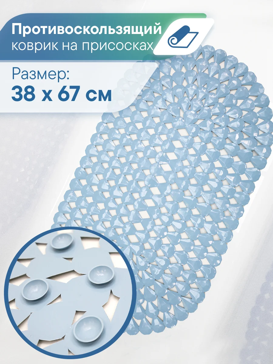 Небесно-голубой коврик для ванны с присосками "Капля" 38х67 см, ВИЛИНА