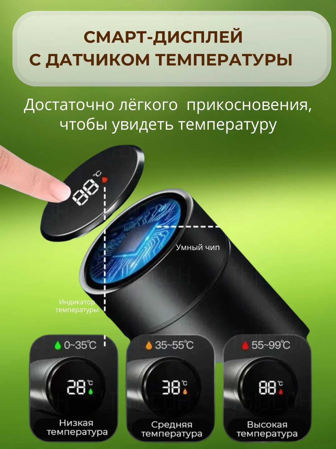 Черный термос / Термос для чая 500 мл / Термос с датчиком температуры 0,5 мл