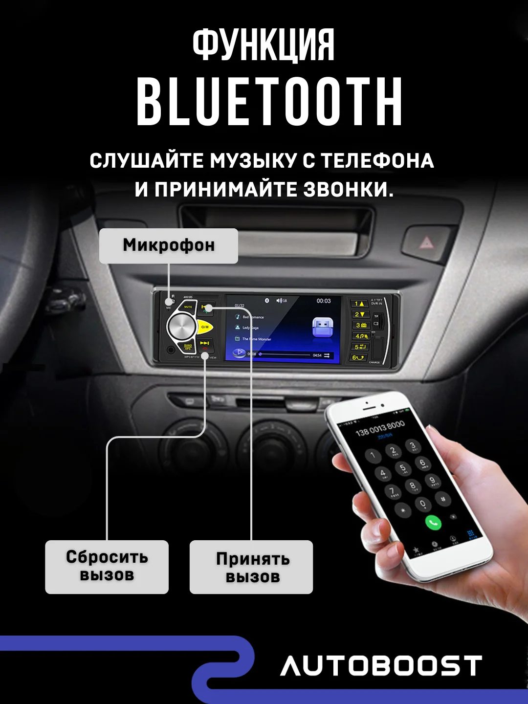 Автомагнитола 1 DIN, MP5 плеер, Bluetooth, AUX, USB