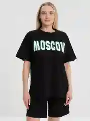 Светло-жёлтый женский костюм-двойка, футболка с шортами, с принтом "Moskow", оверсайз