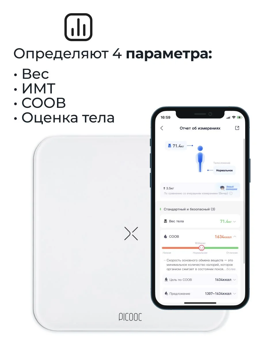 Белый умные весы Picooc Basic, Bluetooth, 26 х 26 см