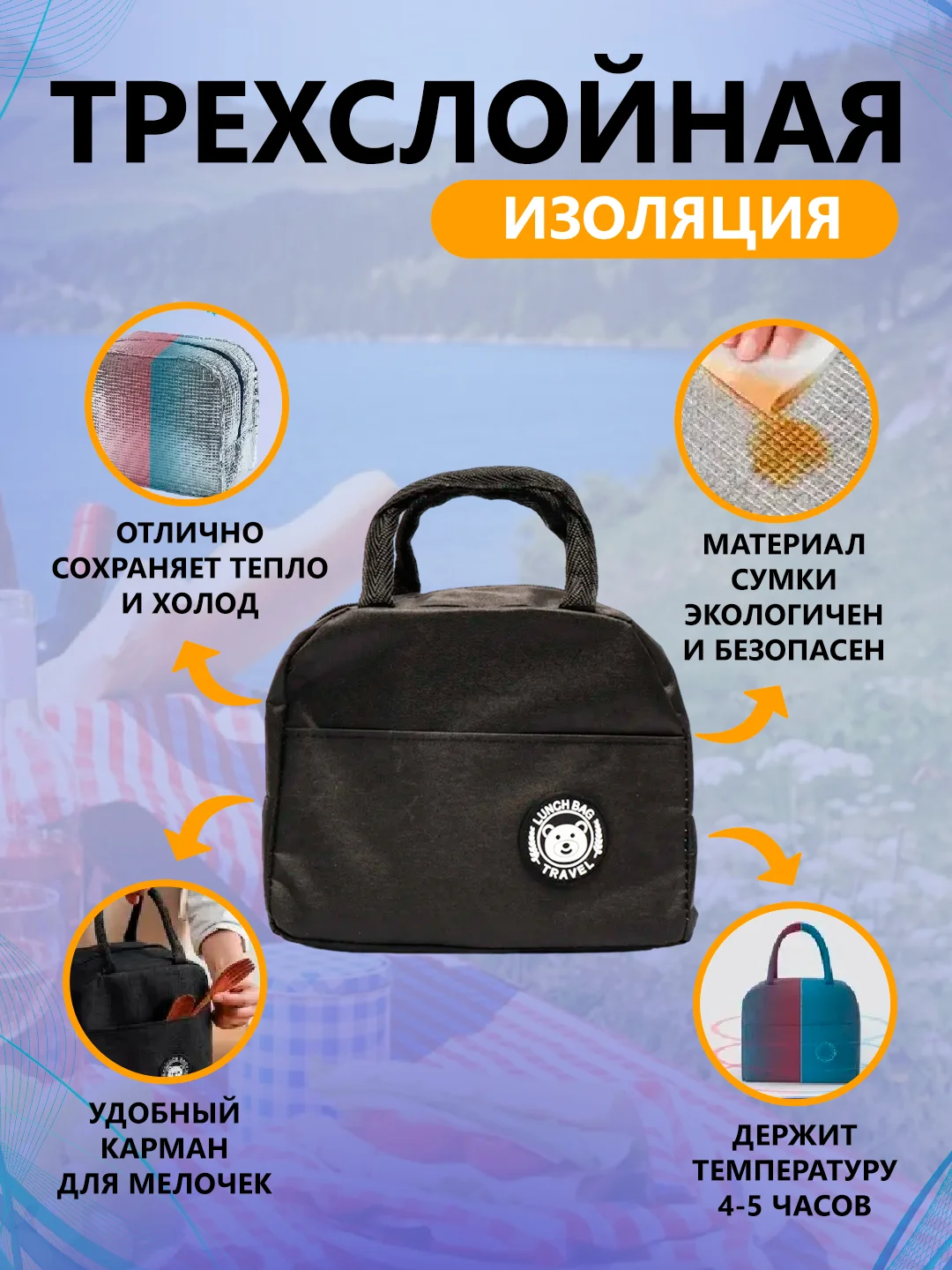 Синий термосумка, сумка для ланч бокса, пикника, холодильник