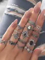 Серебряный женские кольца, набор 15 штук, винтаж