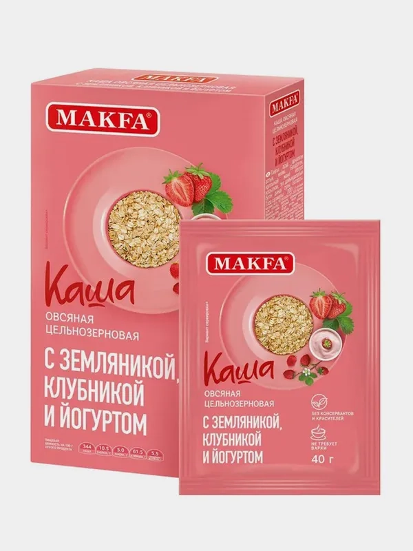 Каша быстрого приготовления MAKFA овсяная, с земляникой, клубникой и йогуртом, 200 г