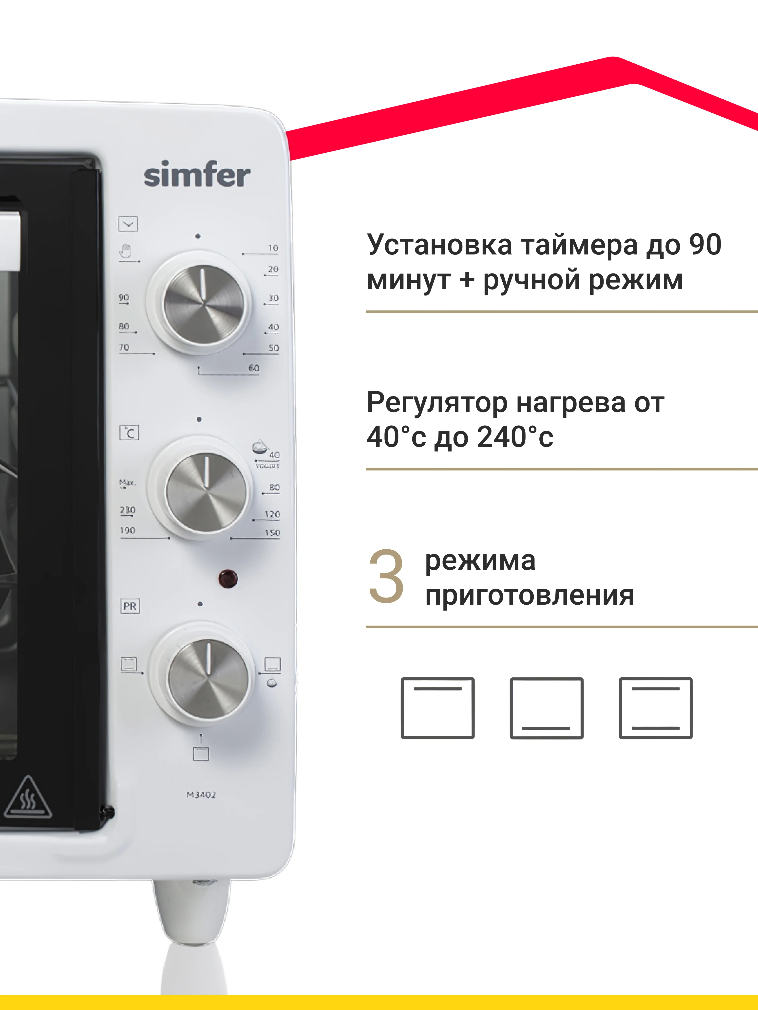 Белый мини-печь Simfer M3402 M3419 M3426 M3430 ALBENI Comfort, 3 режима работы