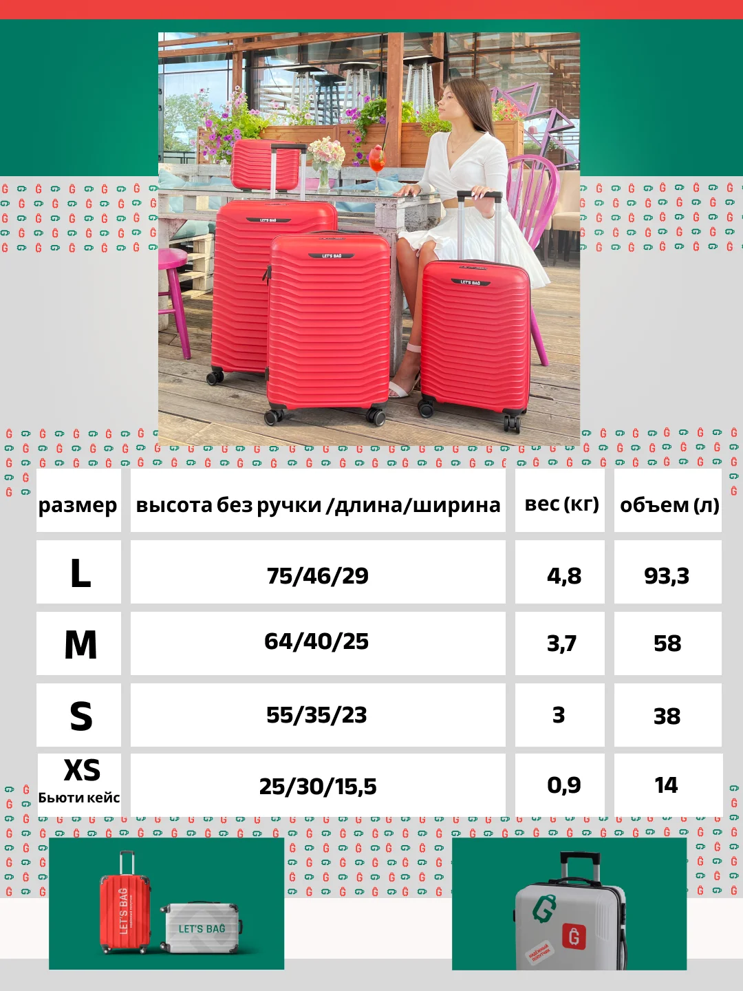 Зеленый чемодан на колесах, ударопрочный, облегченный из полипропилена