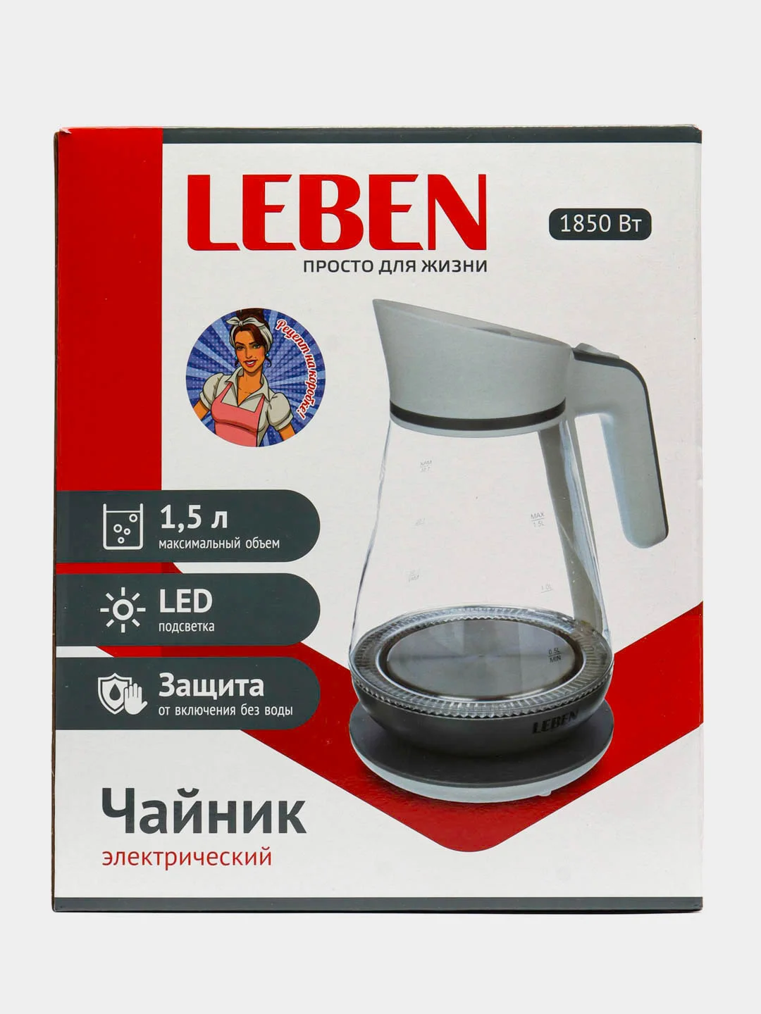 Leben чайник электрический, 1,5 л, 1850 Вт, скрытый нагр. элемент, автооткл., LED подсветка