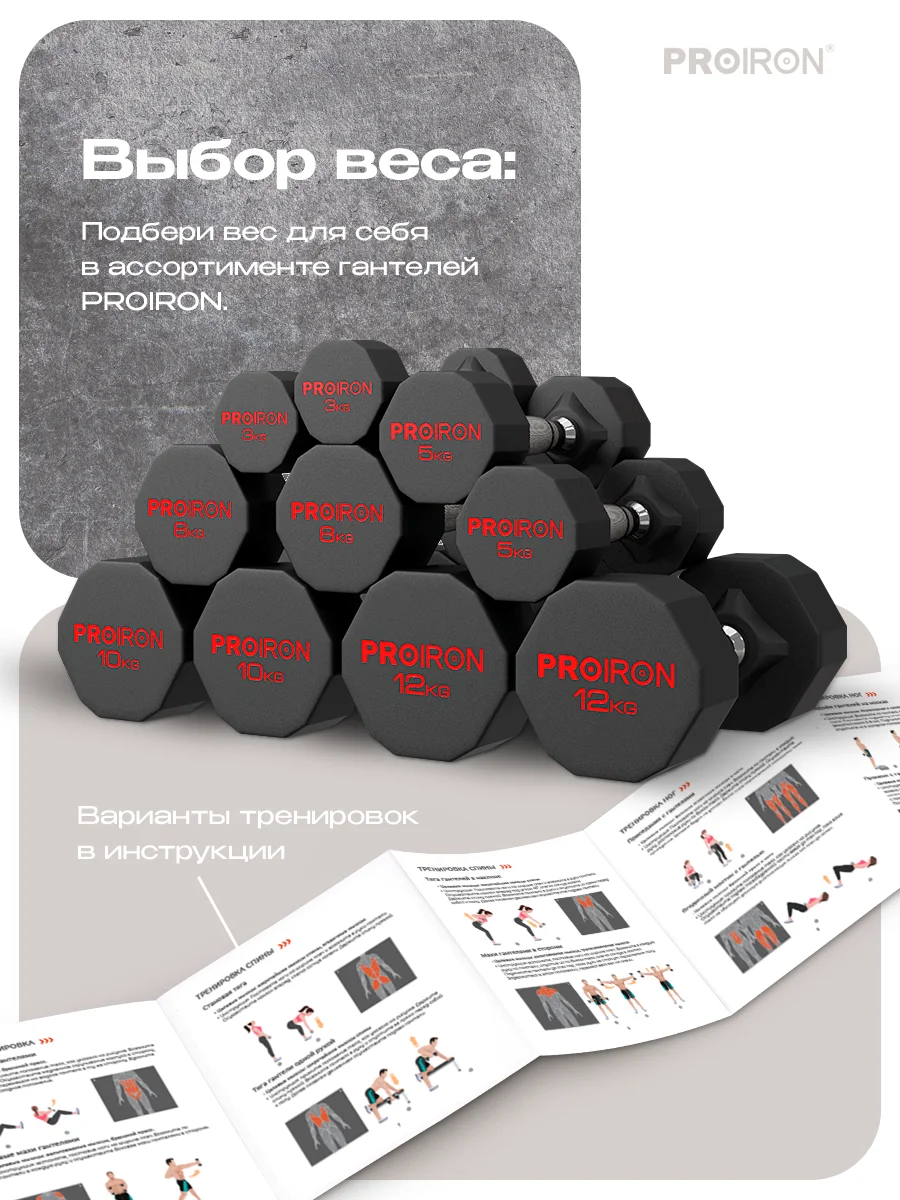 Гантели 10 кг, PROIRON, 2 шт., обрезиненные