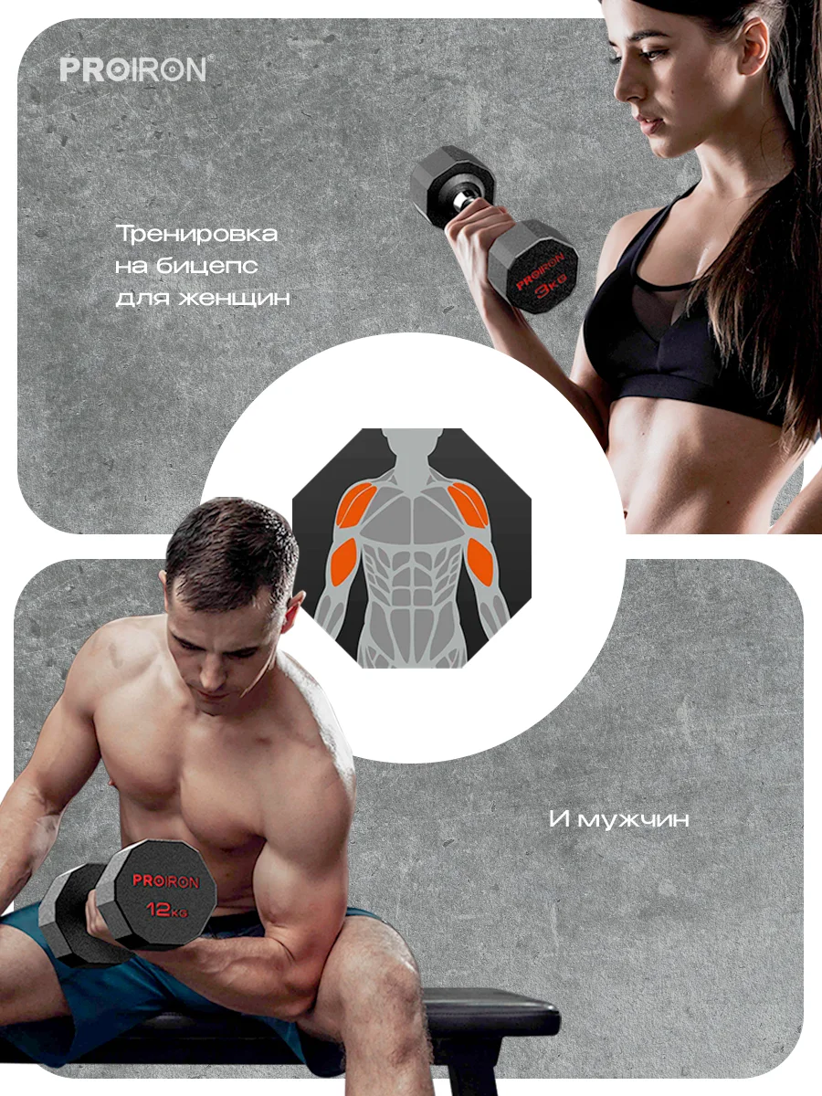 Гантели 10 кг, PROIRON, 2 шт., обрезиненные
