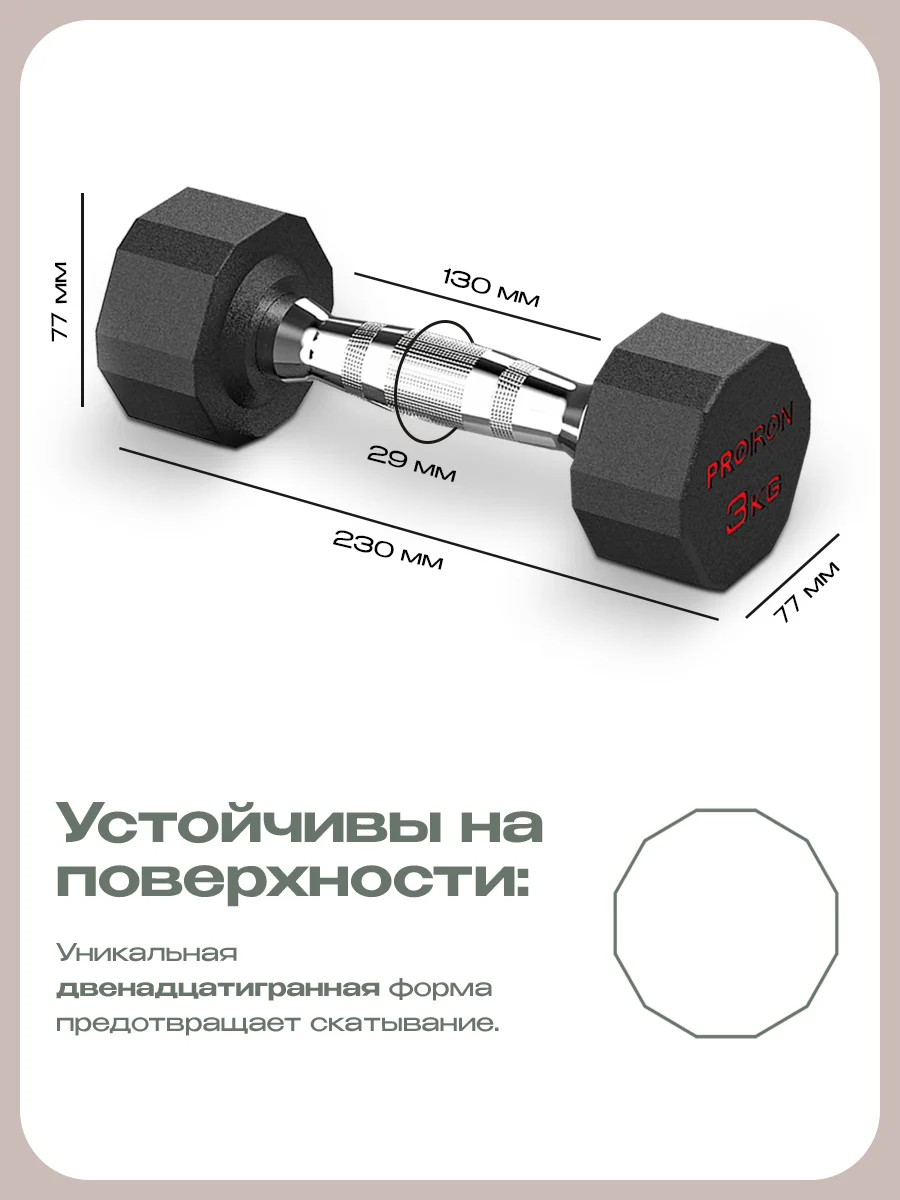 Гантели 3 кг, PROIRON, 2 шт., обрезиненные