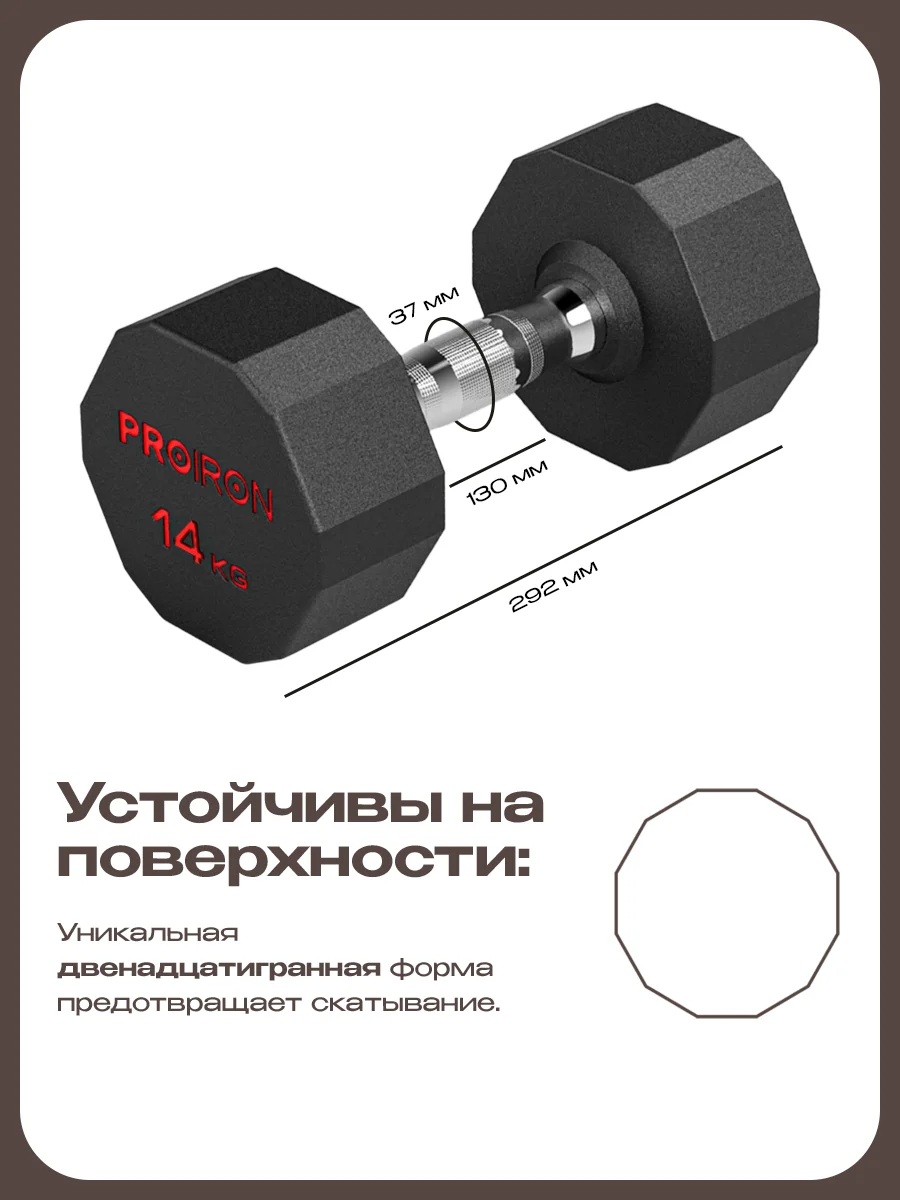 Гантель 14 кг, PROIRON, 1 шт., обрезиненная
