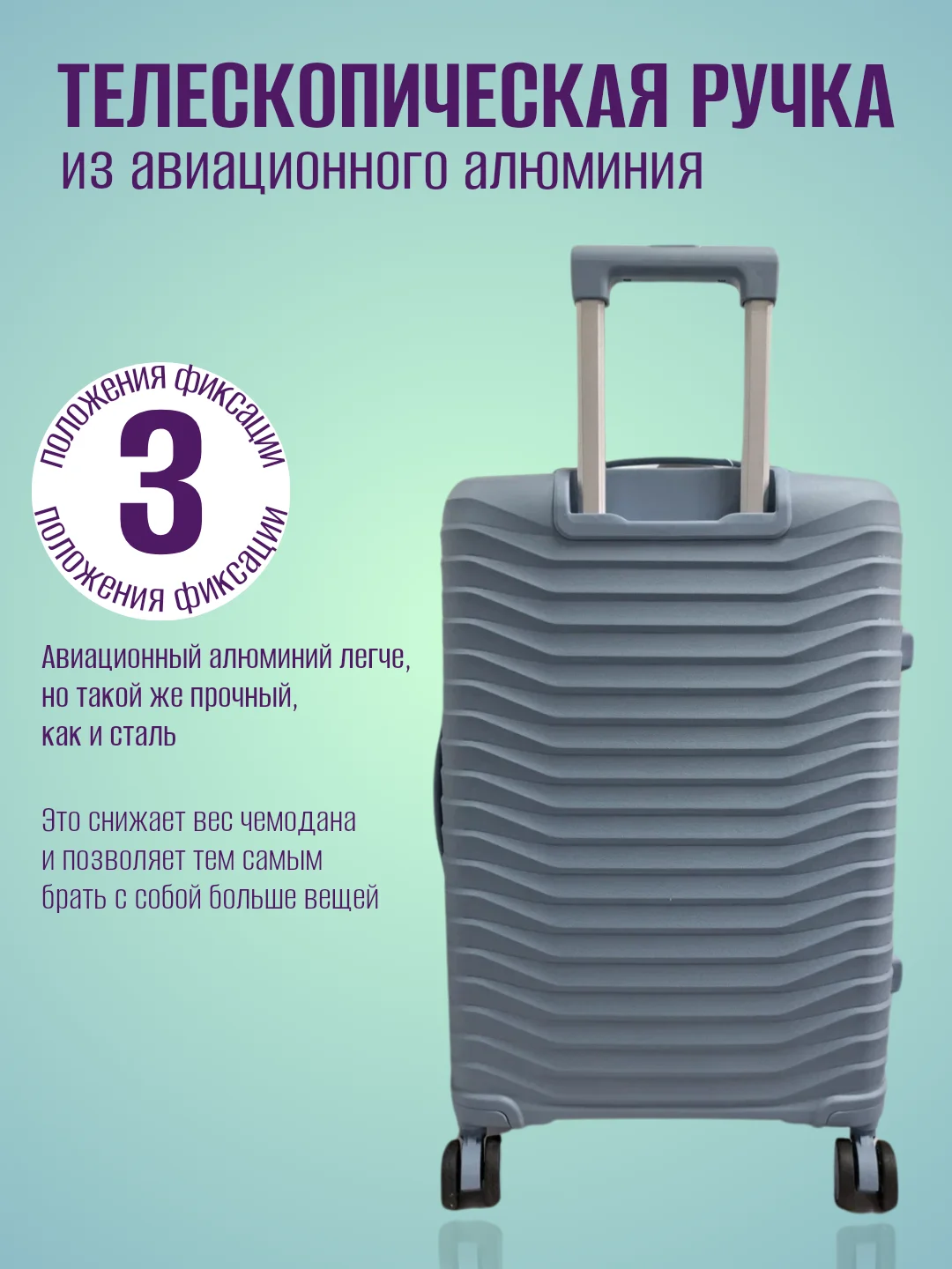 Светло-синий чемодан ударопрочный из полипропилена на колесиках, размеры S, M, L