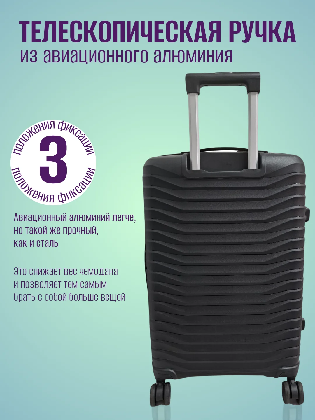 Синий чемодан ударопрочный из полипропилена на колесиках, размеры S, M, L