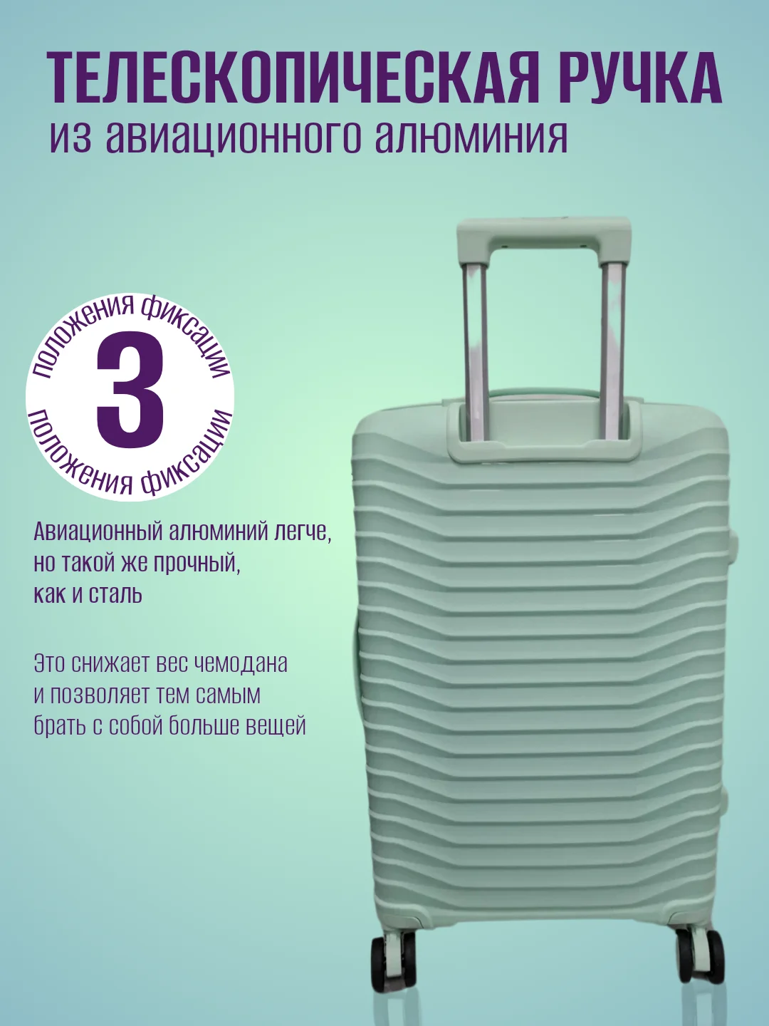 Мятный чемодан ударопрочный из полипропилена на колесиках, размеры S, M, L
