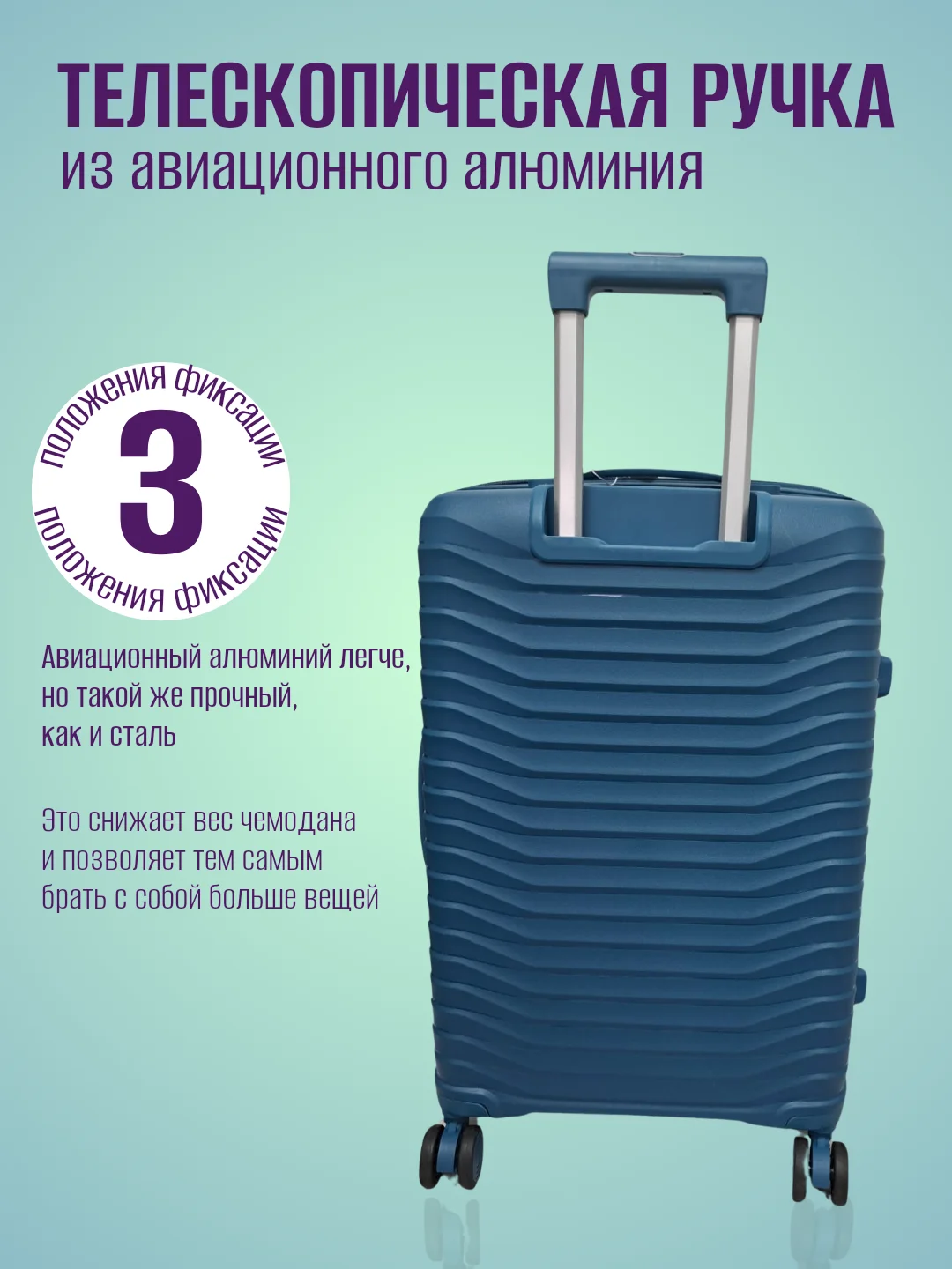 Синий чемодан ударопрочный из полипропилена на колесиках, размеры S, M, L