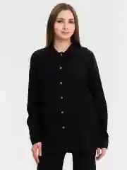 Черный женский брючный костюм: штаны с рубашкой, ткань жатка